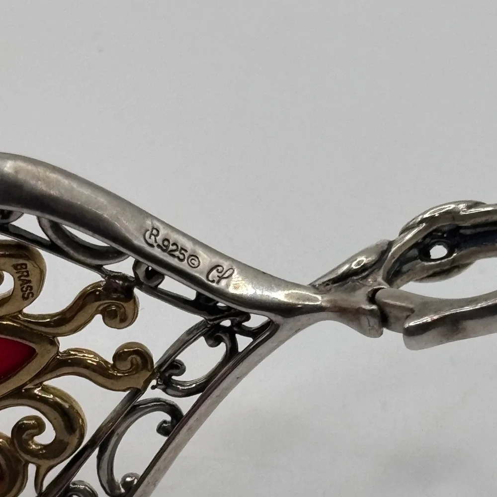 Vintage Carolyn Pollack Pendant Enhancer 925 Silver Brass Red-Orange Stone 3